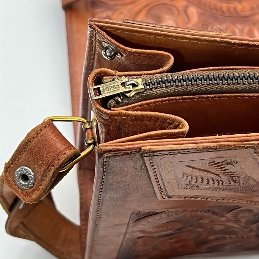 Vintage Mexican Tooled Leather Organizer Crossbody Boho Western Floral Purse Bag - Picture 9 of 13